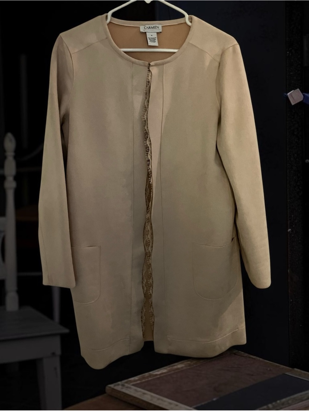 LIKE NEW!CARMEN BY CARMEN MARC VALVO FAUX SUEDE RAW EDGE LONG CARDIGAN COAT